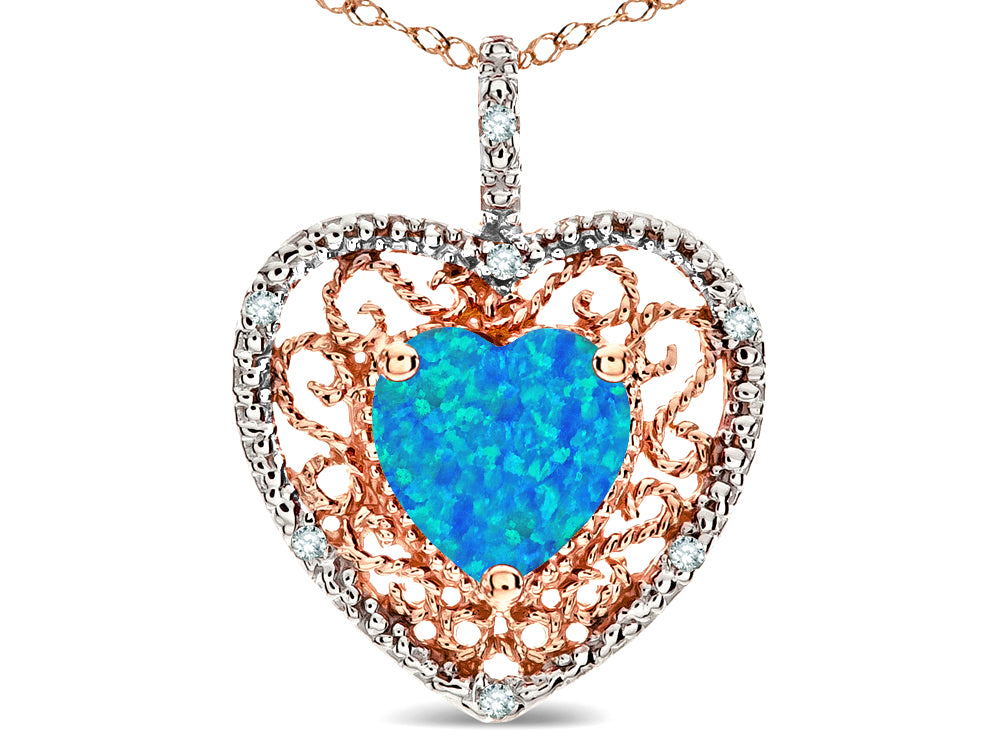 Star K Heart Shape 8mm Blue Created Opal filigree Heart Pendant Necklace 14k Rose Gold