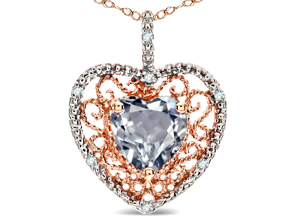 Star K Heart Shape 8mm Genuine Aquamarine filigree Heart Pendant Necklace 10k Rose Gold