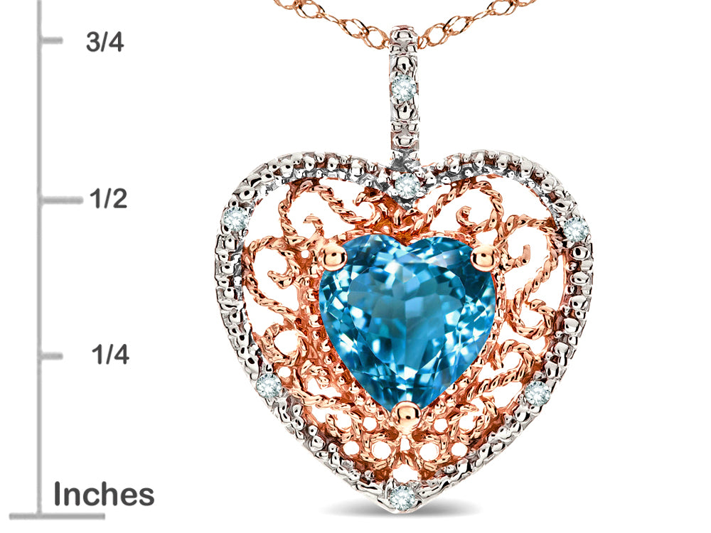 Star K Heart Shape 8mm Genuine Blue Topaz filigree Heart Pendant Necklace 10k Rose Gold