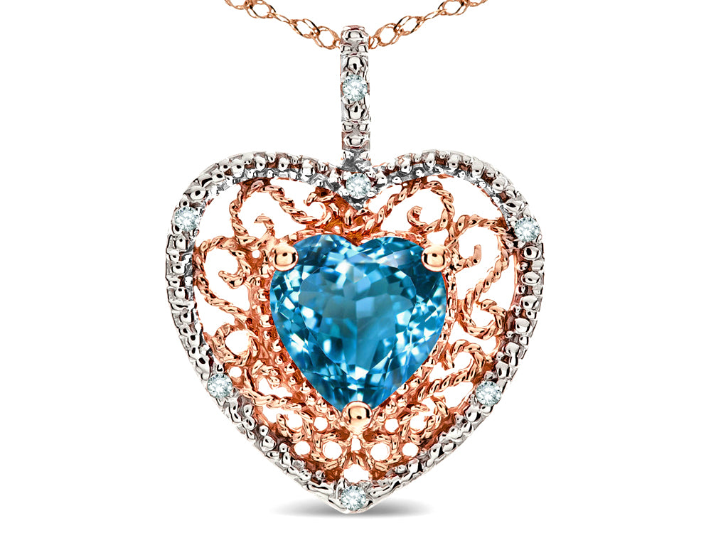 Star K Heart Shape 8mm Genuine Blue Topaz filigree Heart Pendant Necklace 10k Rose Gold