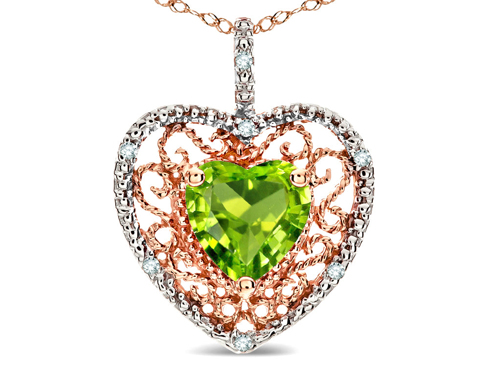 Star K Heart Shape 8mm Genuine Peridot filigree Heart Pendant Necklace 10k Rose Gold