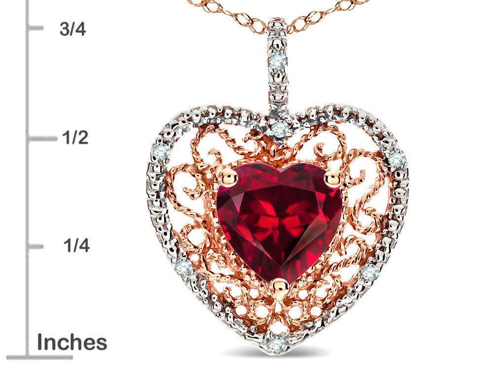 Star K Heart Shape 8mm Created Ruby filigree Heart Pendant Necklace 10k Rose Gold