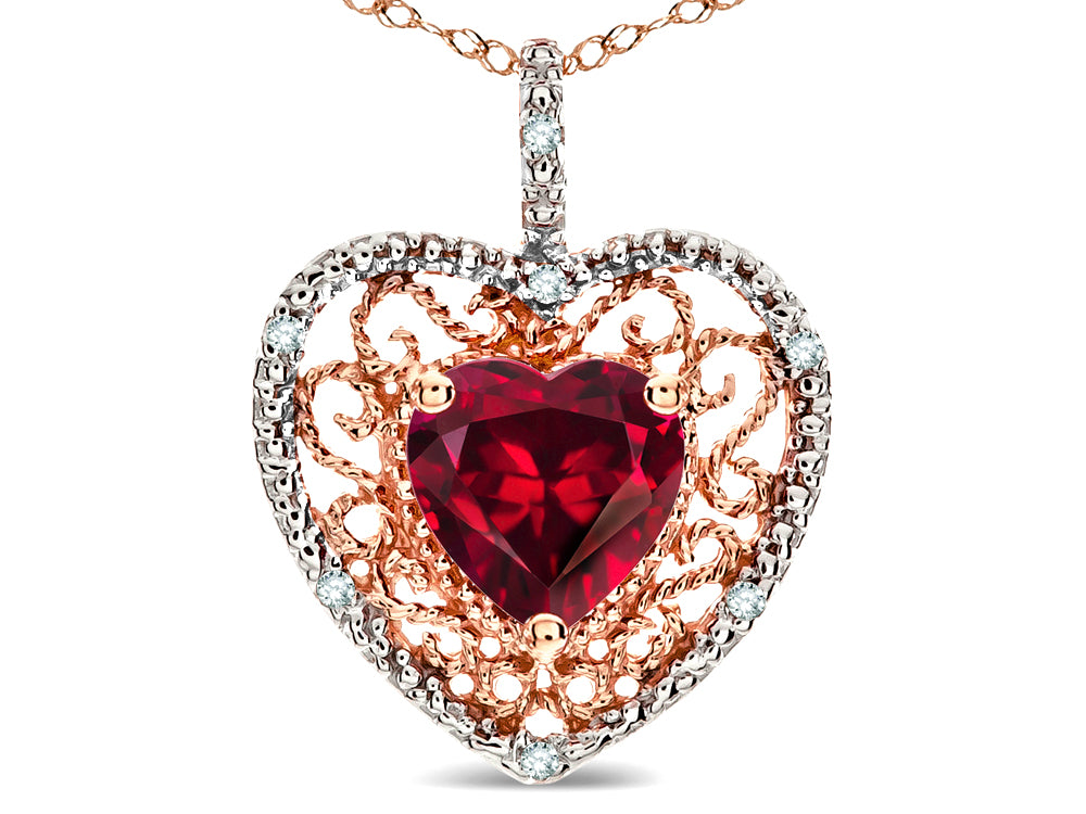 Star K Heart Shape 8mm Created Ruby filigree Heart Pendant Necklace 10k Rose Gold