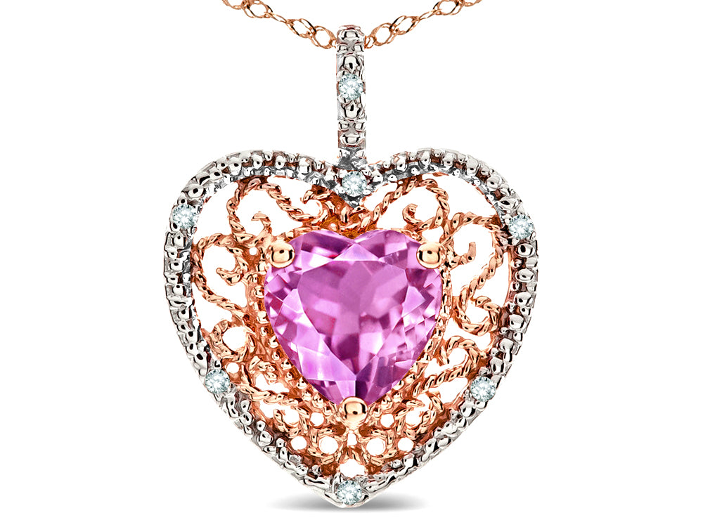 Star K Heart Shape 8mm Created Pink Sapphire filigree Heart Pendant Necklace 10k Rose Gold
