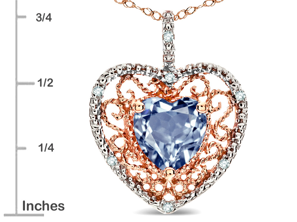 Star K Heart Shape 8mm Simulated Aquamarine filigree Heart Pendant Necklace 10k Rose Gold
