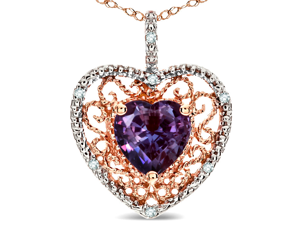 Star K Heart Shape 8mm Simulated Alexandrite filigree Heart Pendant Necklace 10k Rose Gold