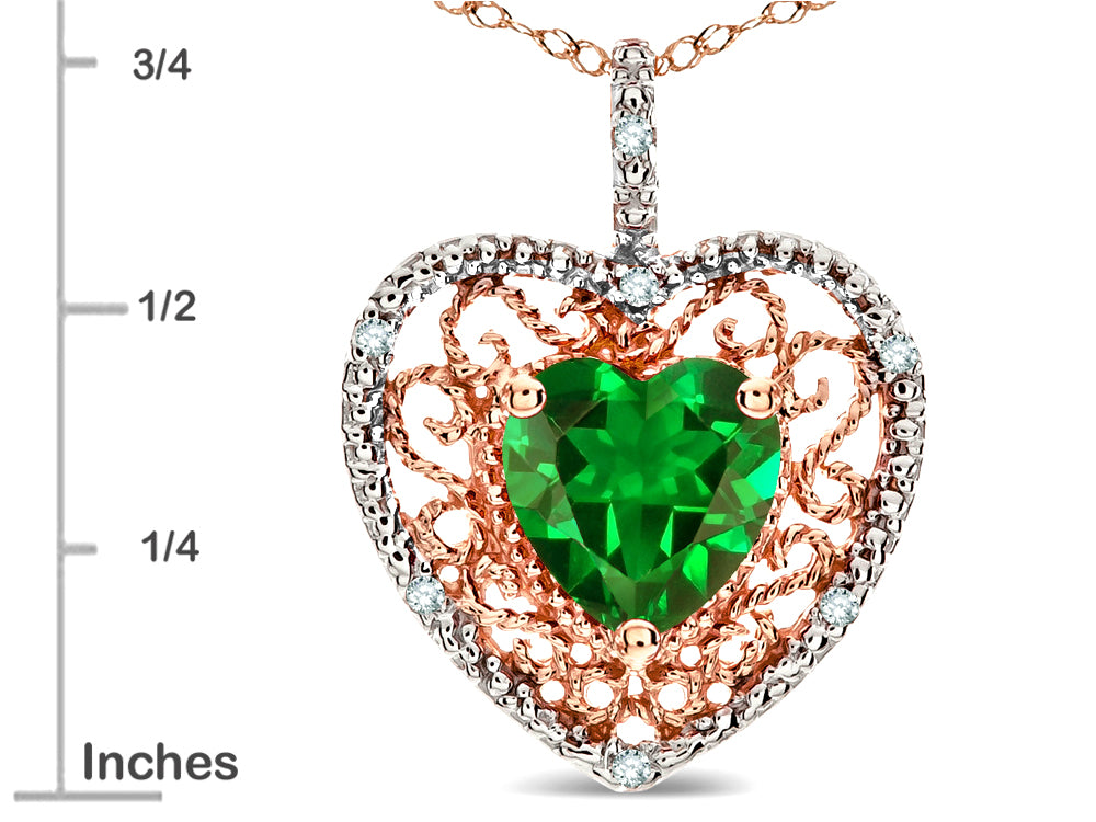 Star K Heart Shape 8mm Simulated Emerald filigree Heart Pendant Necklace 10k Rose Gold