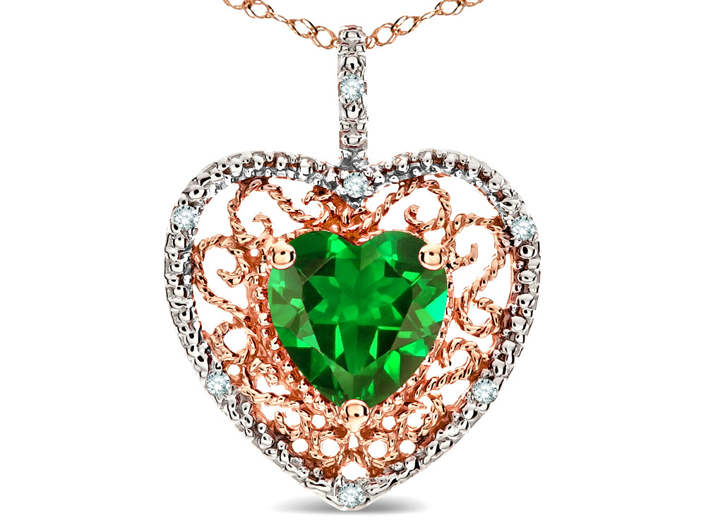 Star K Heart Shape 8mm Simulated Emerald filigree Heart Pendant Necklace 10k Rose Gold