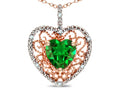 Star K Heart Shape 8mm Simulated Emerald filigree Heart Pendant Necklace 10k Rose Gold
