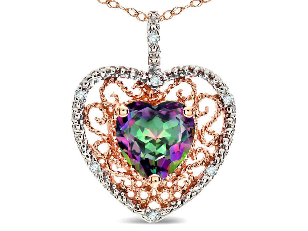 Star K Heart Shape 8mm Rainbow Mystic Topaz filigree Heart Pendant Necklace 10k Rose Gold