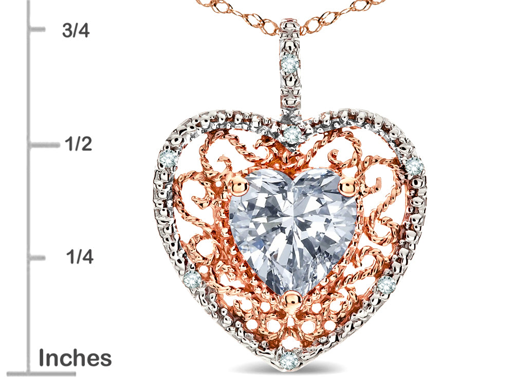 Star K Heart Shape 8mm Genuine White Topaz filigree Heart Pendant Necklace 10k Rose Gold