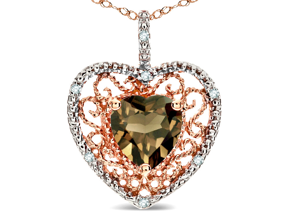 Star K Heart Shape 8mm Genuine Smoky Quartz filigree Heart Pendant Necklace 10k Rose Gold