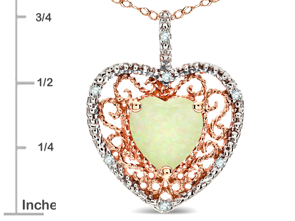 Star K Heart Shape 8mm Created Opal filigree Heart Pendant Necklace 10k Rose Gold