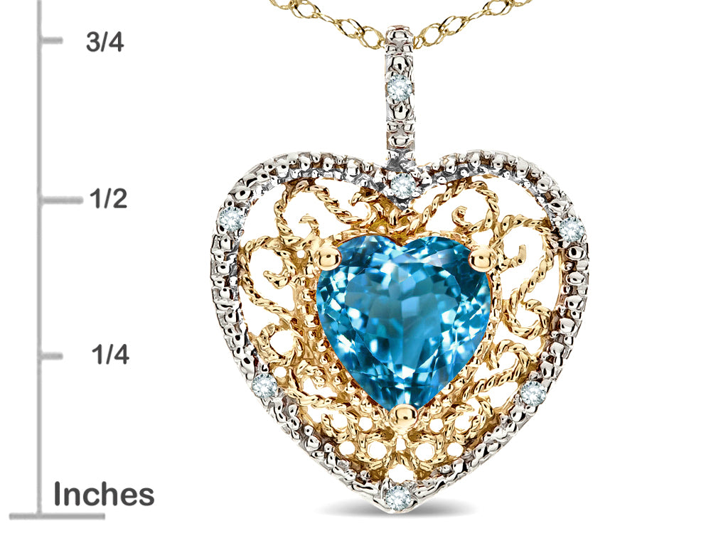 Star K Heart Shape 8mm Genuine Blue Topaz filigree Heart Pendant Necklace 14k Yellow Gold
