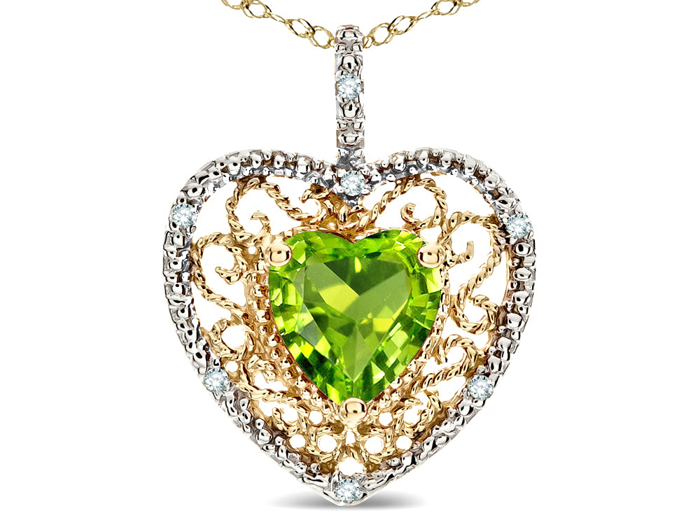 Star K Heart Shape 8mm Genuine Peridot filigree Heart Pendant Necklace 14k Yellow Gold