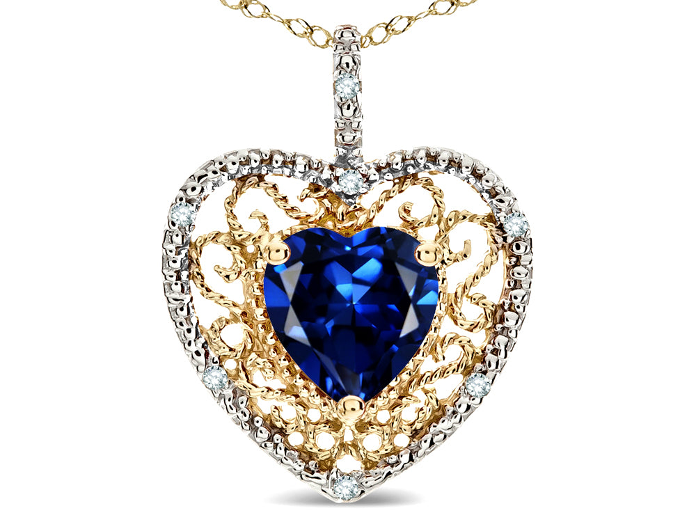 Star K Heart Shape 8mm Created Sapphire filigree Heart Pendant Necklace 14k Yellow Gold
