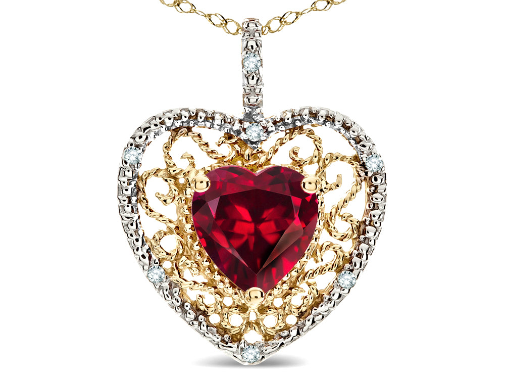 Star K Heart Shape 8mm Created Ruby filigree Heart Pendant Necklace 14k Yellow Gold