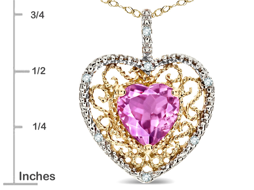 Star K Heart Shape 8mm Created Pink Sapphire filigree Heart Pendant Necklace 14k Yellow Gold