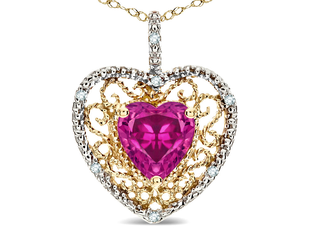 Star K Heart Shape 8mm Simulated Pink Tourmaline filigree Heart Pendant Necklace 14k Yellow Gold