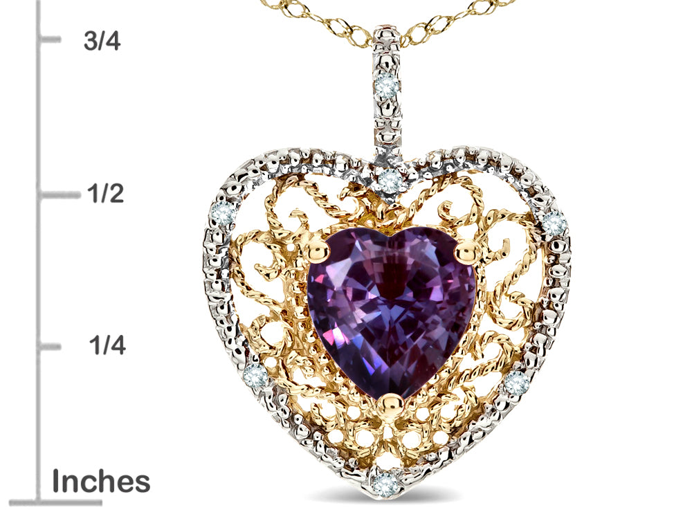 Star K Heart Shape 8mm Simulated Alexandrite filigree Heart Pendant Necklace 14k Yellow Gold