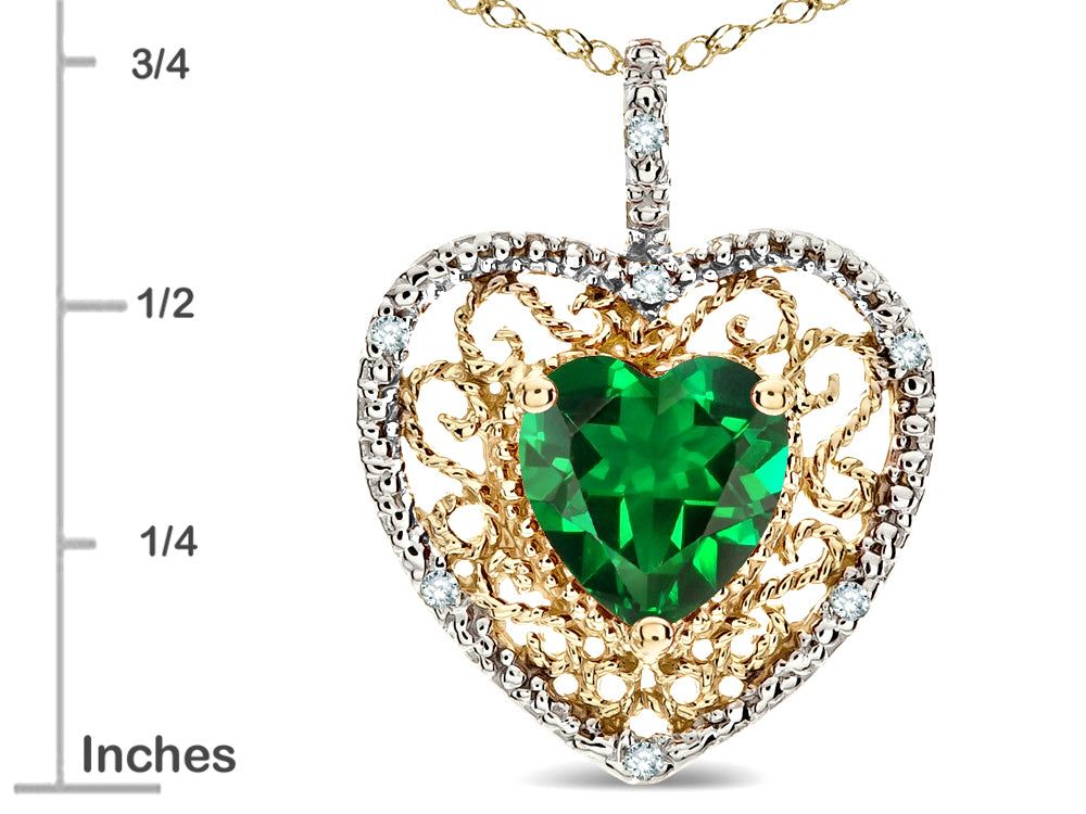 Star K Heart Shape 8mm Simulated Emerald filigree Heart Pendant Necklace 14k Yellow Gold