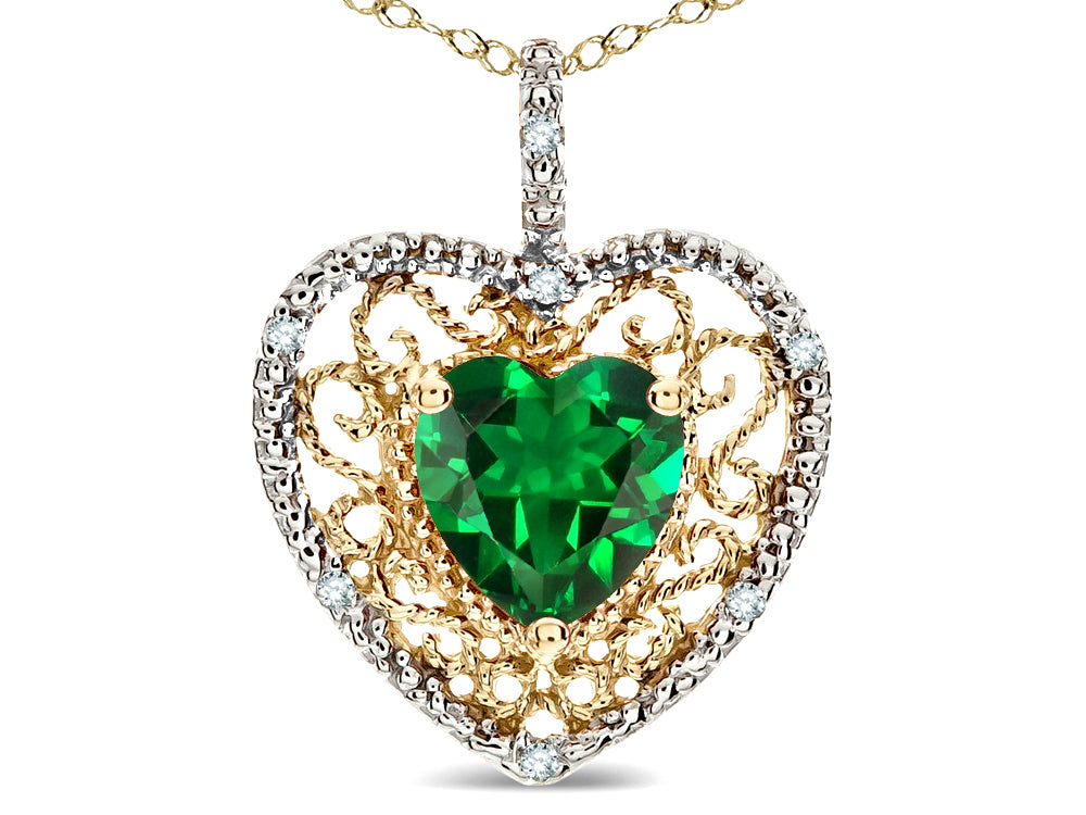 Star K Heart Shape 8mm Simulated Emerald filigree Heart Pendant Necklace 14k Yellow Gold