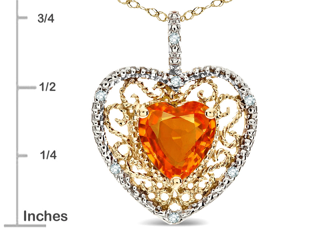 Star K Heart Shape 8mm Simulated Orange Mexican Fire Opal filigree Heart Pendant Necklace 14k Yellow Gold