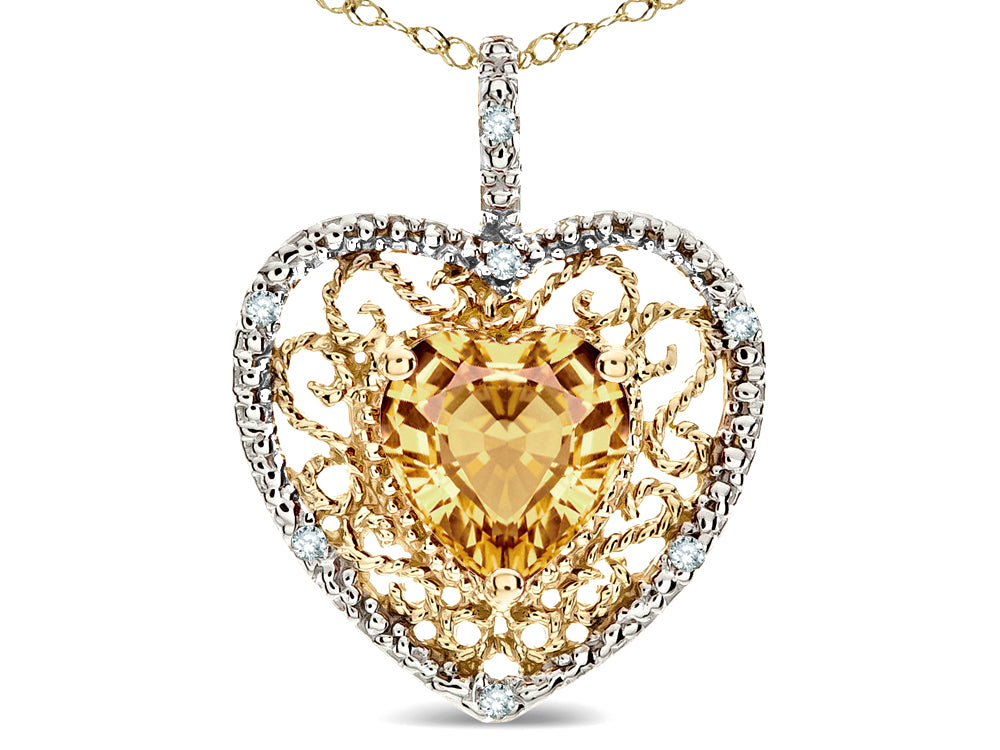 Star K Heart Shape 8mm Simulated Imperial Yellow Topaz filigree Heart Pendant Necklace 14k Yellow Gold