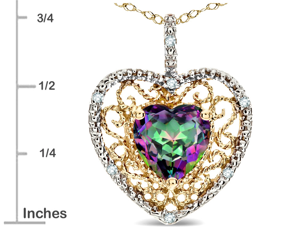 Star K Heart Shape 8mm Rainbow Mystic Topaz filigree Heart Pendant Necklace 14k Yellow Gold