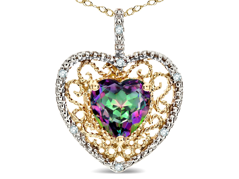 Star K Heart Shape 8mm Rainbow Mystic Topaz filigree Heart Pendant Necklace 14k Yellow Gold
