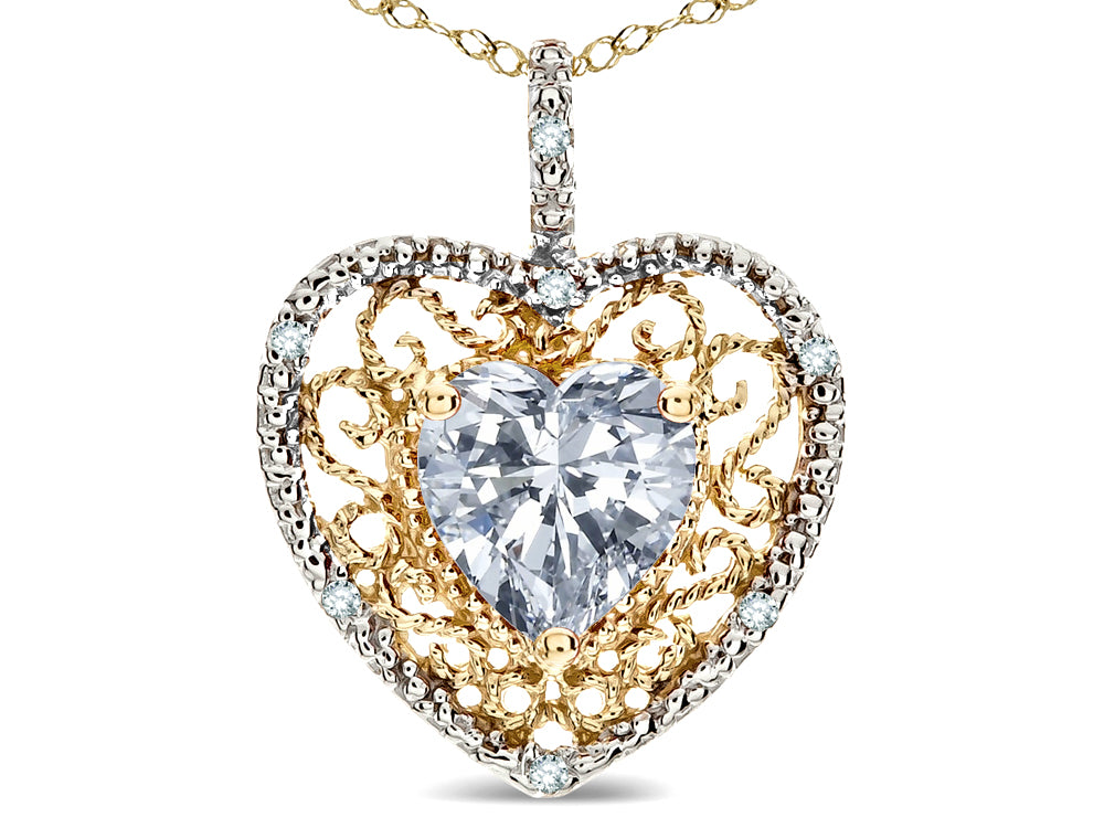 Star K Heart Shape 8mm Genuine White Topaz filigree Heart Pendant Necklace 14k Yellow Gold