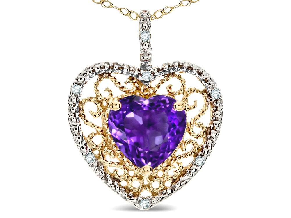 Star K Heart Shape 8mm Genuine Amethyst filigree Heart Pendant Necklace 10k Yellow Gold