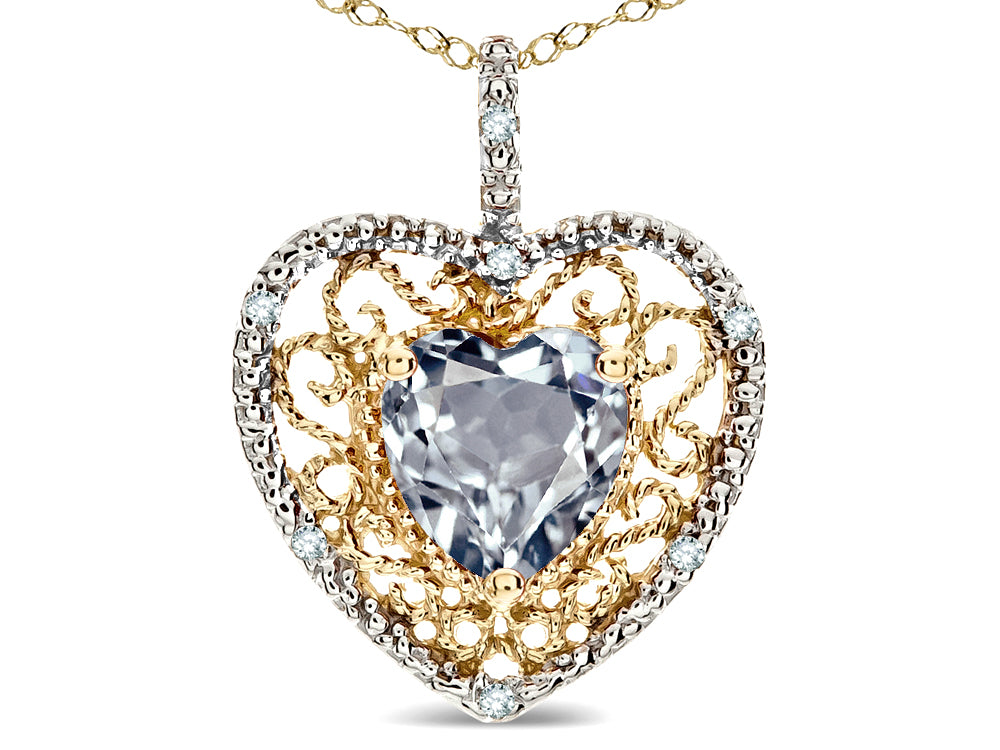 Star K Heart Shape 8mm Genuine Aquamarine filigree Heart Pendant Necklace 10k Yellow Gold