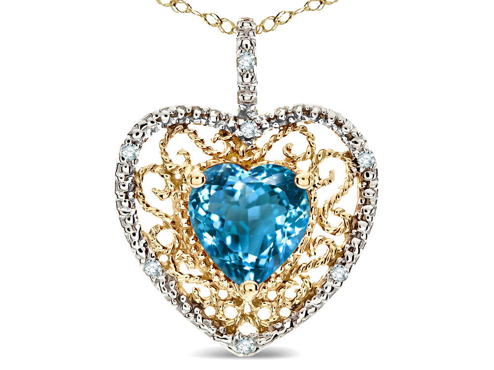 Star K Heart Shape 8mm Genuine Blue Topaz filigree Heart Pendant Necklace 10k Yellow Gold