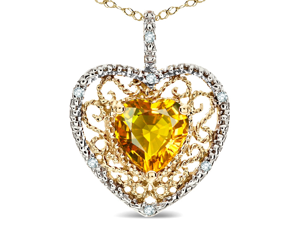 Star K Heart Shape 8mm Genuine Citrine filigree Heart Pendant Necklace 10k Yellow Gold