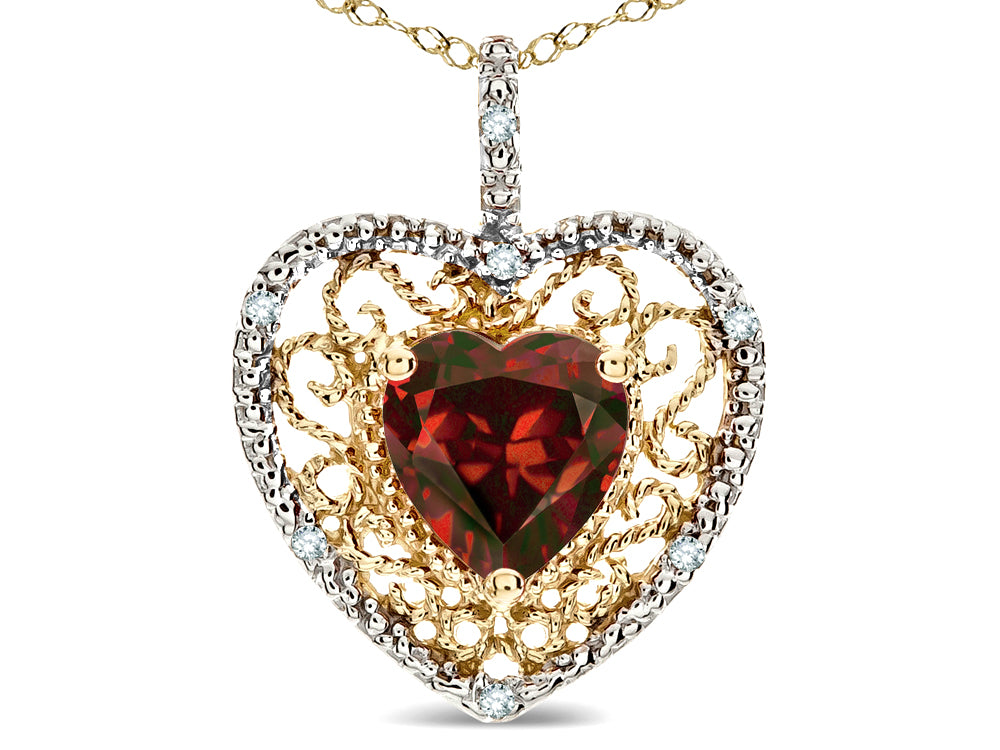 Star K Heart Shape 8mm Genuine Garnet filigree Heart Pendant Necklace 10k Yellow Gold