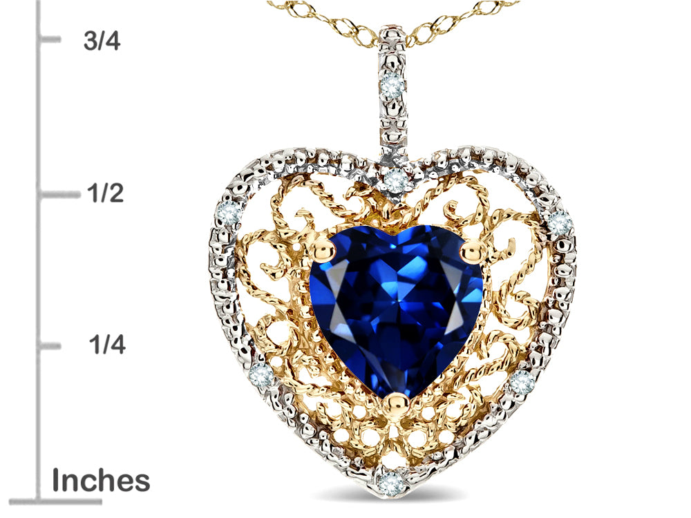 Star K Heart Shape 8mm Created Sapphire filigree Heart Pendant Necklace 10k Yellow Gold