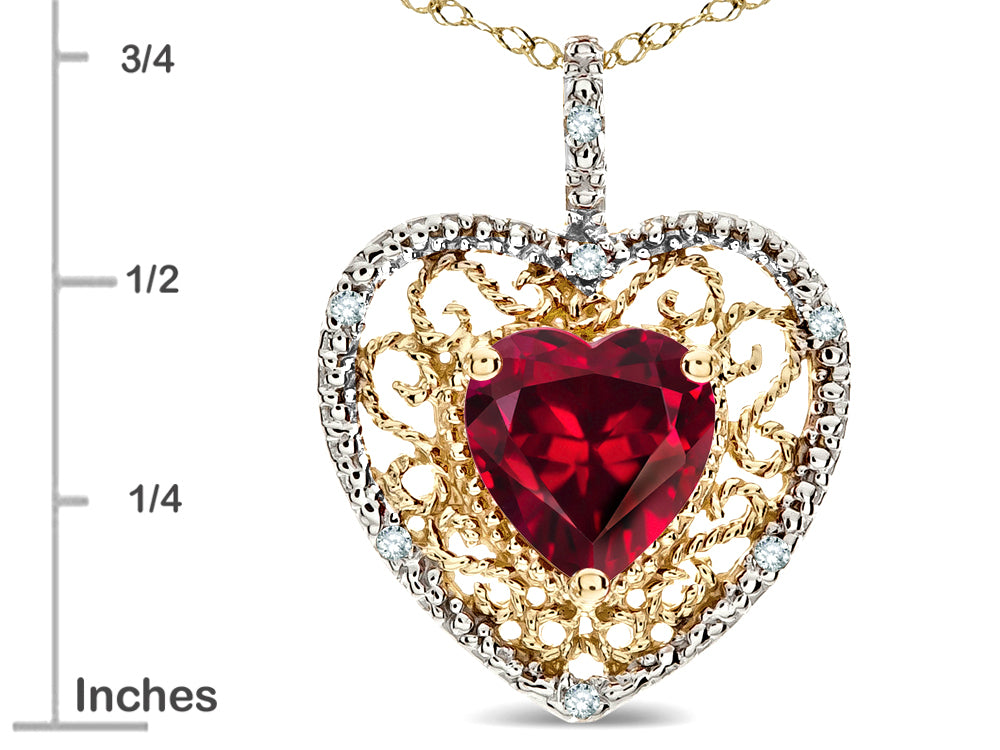 Star K Heart Shape 8mm Created Ruby filigree Heart Pendant Necklace 10k Yellow Gold