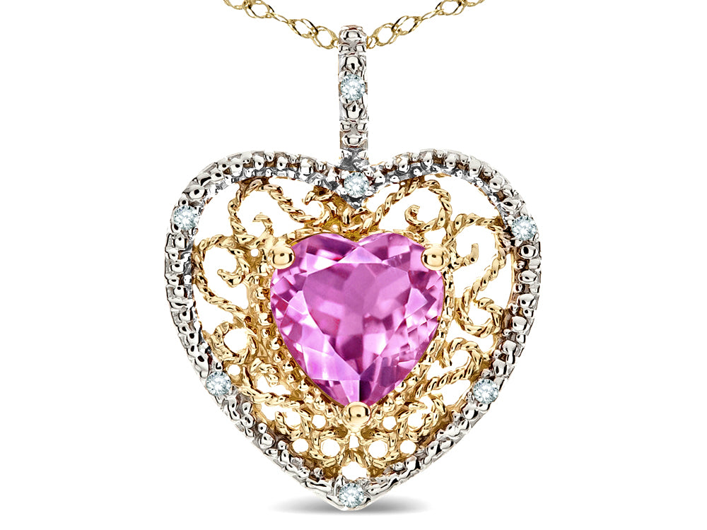 Star K Heart Shape 8mm Created Pink Sapphire filigree Heart Pendant Necklace 10k Yellow Gold