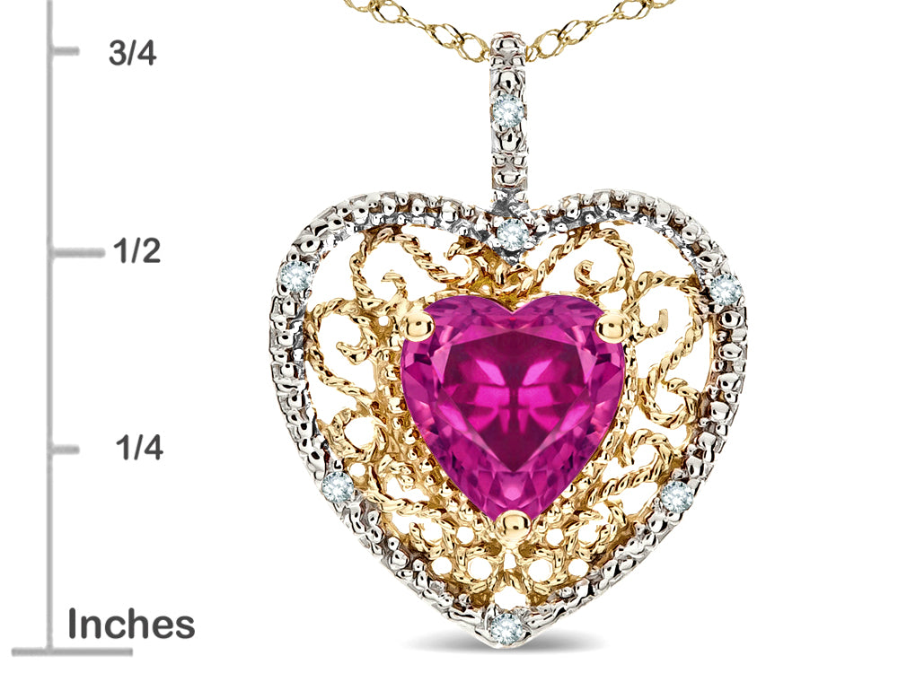 Star K Heart Shape 8mm Simulated Pink Tourmaline filigree Heart Pendant Necklace 10k Yellow Gold