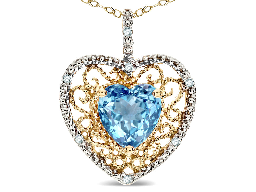 Star K Heart Shape 8mm Simulated Aquamarine filigree Heart Pendant Necklace 10k Yellow Gold