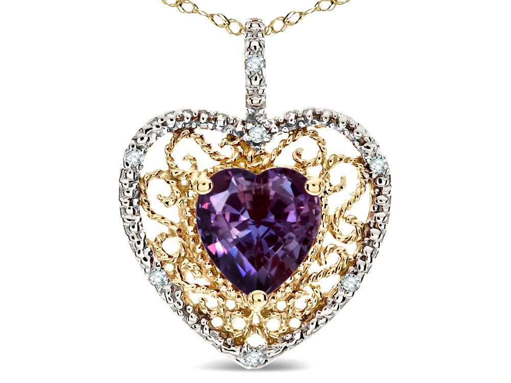 Star K Heart Shape 8mm Simulated Alexandrite filigree Heart Pendant Necklace 10k Yellow Gold
