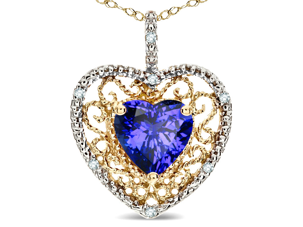 Star K Heart Shape 8mm Simulated Tanzanite filigree Heart Pendant Necklace 10k Yellow Gold