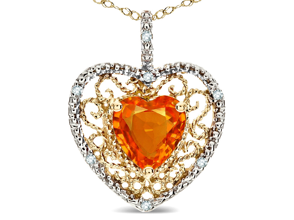 Star K Heart Shape 8mm Simulated Orange Mexican Fire Opal filigree Heart Pendant Necklace 10k Yellow Gold