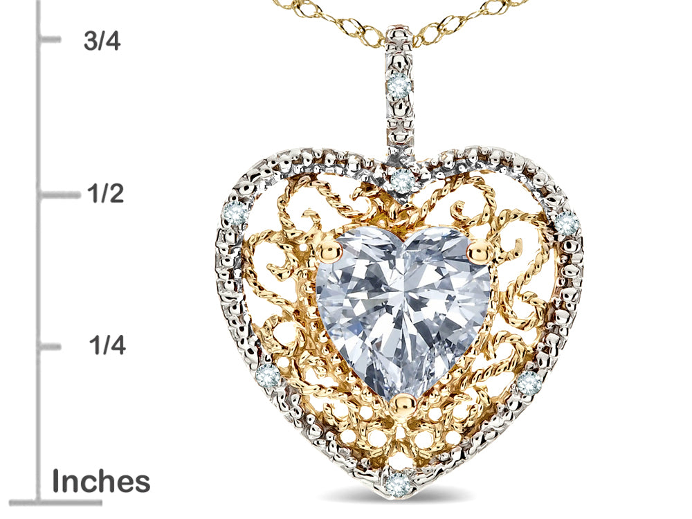 Star K Heart Shape 8mm Genuine White Topaz filigree Heart Pendant Necklace 10k Yellow Gold