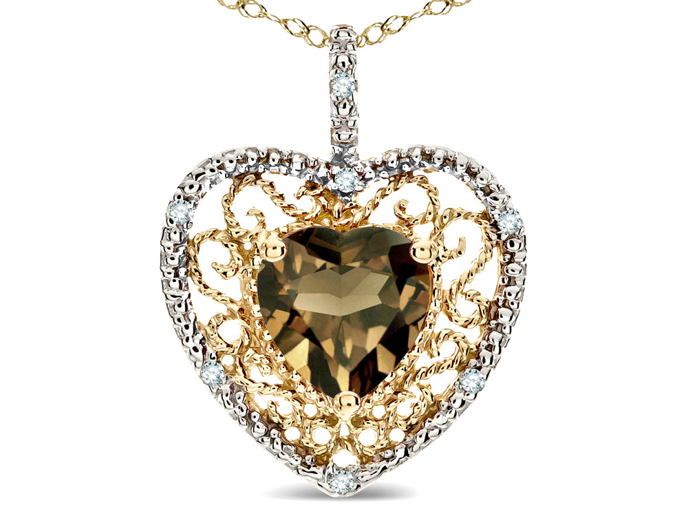 Star K Heart Shape 8mm Genuine Smoky Quartz filigree Heart Pendant Necklace 10k Yellow Gold