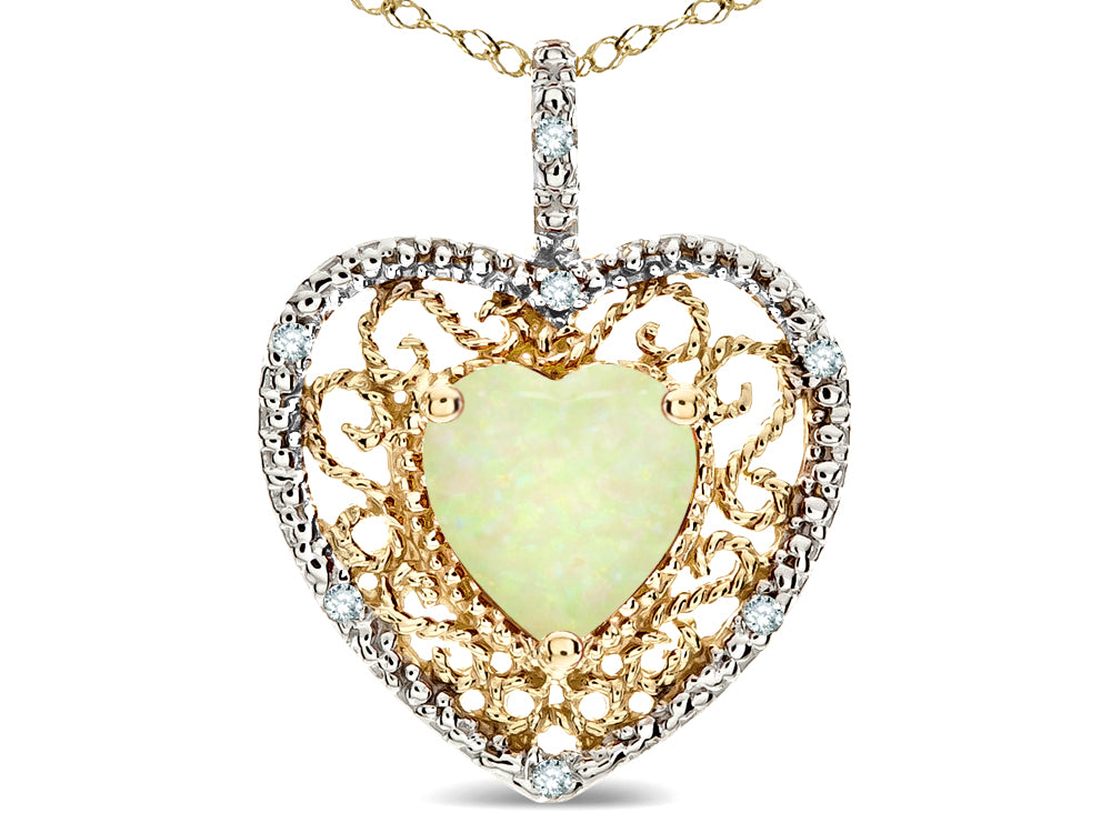 Star K Heart Shape 8mm Created Opal filigree Heart Pendant Necklace 10k Yellow Gold