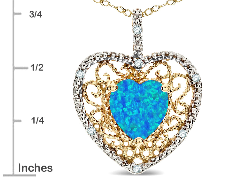 Star K Heart Shape 8mm Blue Created Opal filigree Heart Pendant Necklace 10k Yellow Gold