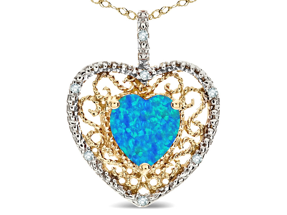 Star K Heart Shape 8mm Blue Created Opal filigree Heart Pendant Necklace 10k Yellow Gold