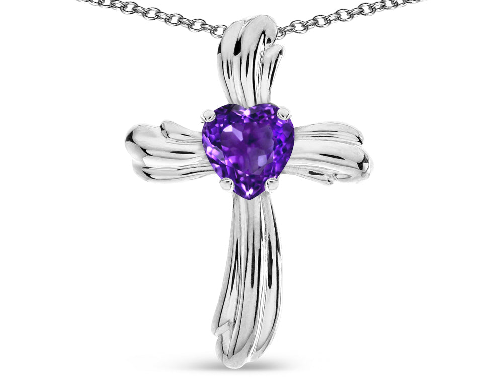 Star K Heart Shape 6mm Genuine Amethyst Ribbed Cross Of Love Pendant Necklace